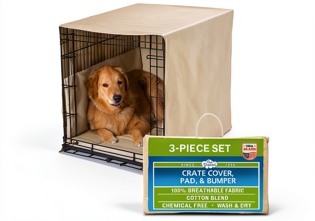 Pet Dreams Dog Crate Cover installed in a living room setting