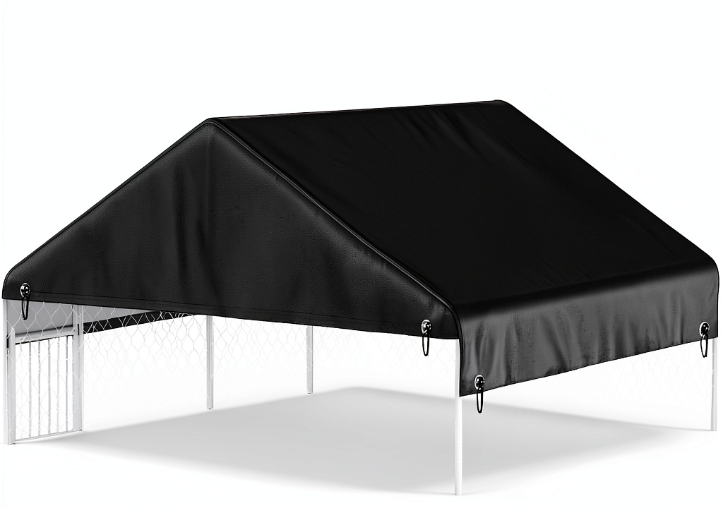 'LYBOSH Dog Kennel Cover installed on a metal kennel in a backyard'