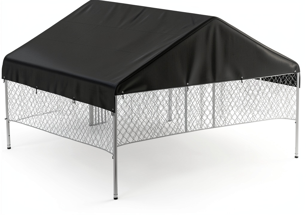MDHAO dog kennel cover installed on a metal kennel frame in a backyard