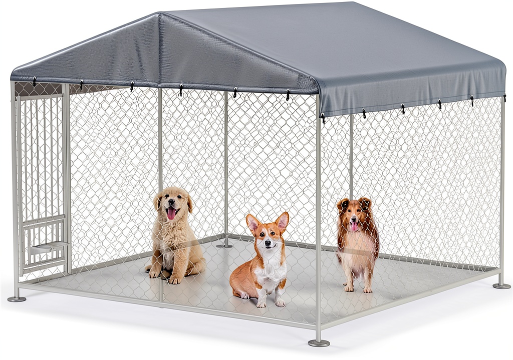 LYBOSH dog kennel cover installed on a metal enclosure in a backyard