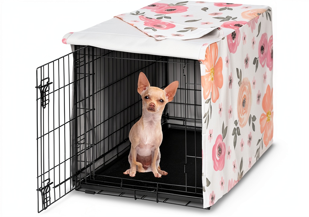 Dog crate cover in blush pink and grey watercolor pattern on a crate