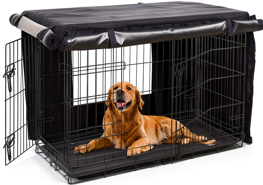 HONEST OUTFITTERS dog crate cover on a wire crate in a living room